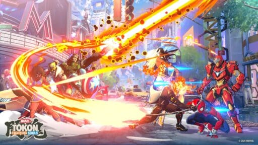 Six Marvel superheroes from MARVEL Tōkon Evo 2025 battle in a colorful city, with bright energy trails and dynamic action effects.