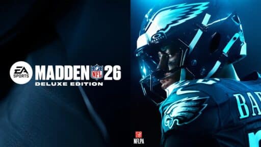 Split image: Madden NFL 26 Deluxe Edition cover with NFL player in dark Eagles uniform and helmet, coming to Amazon Luna.