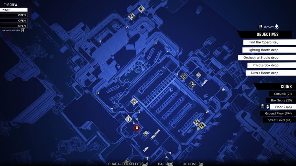 A blue-toned Monaco 2 game map with objective markers and objectives listed on the right side.
