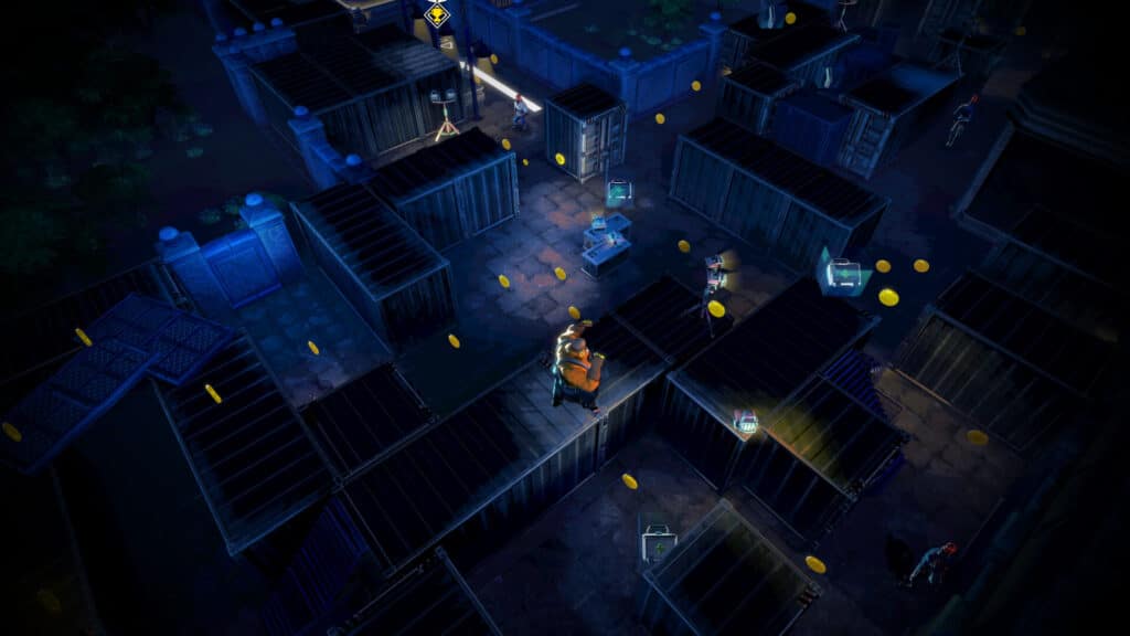 A top-down view from Monaco 2, featuring a maze-like area with containers, scattered coins, and two characters stealthily exploring at night.