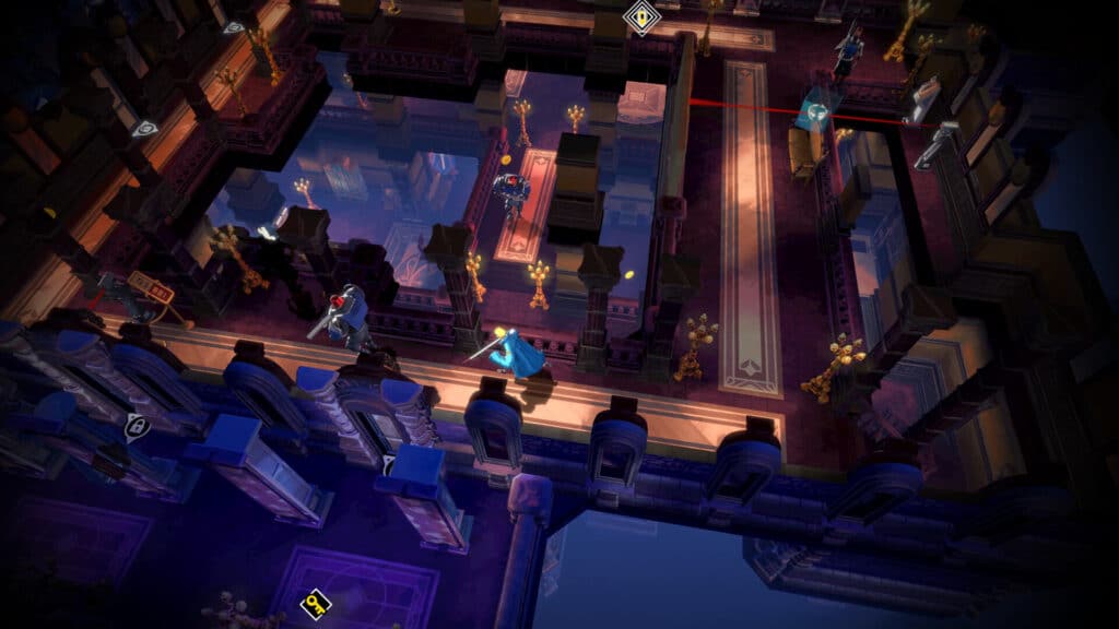 Isometric view of a maze-like, dimly lit castle in Monaco 2, with guards patrolling and a character sneaking past.