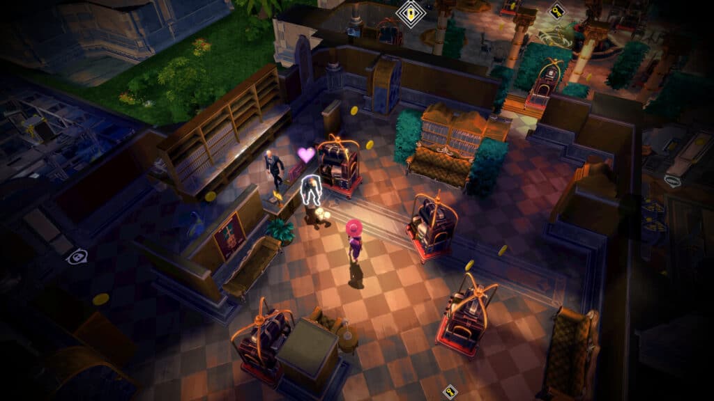 A colorful top-down view of characters in a stylish, art deco room with glowing markers and statues, from the sleek heist scenes of Monaco 2.