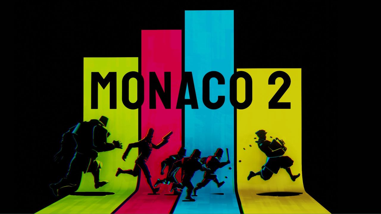 Silhouetted characters dash below the "Monaco 2" title, set on vibrant vertical bars against a sleek black background.