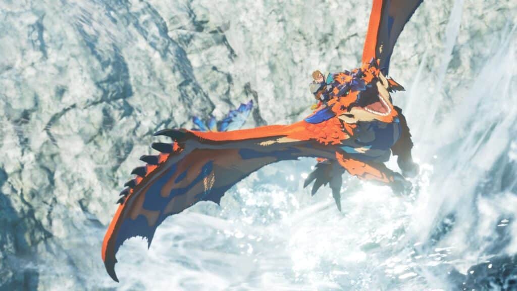 A person rides a large, orange dragon-like creature flying over a waterfall and rocky cliffs, reminiscent of an epic adventure in Monster Hunter Stories 3: Twisted Reflection.