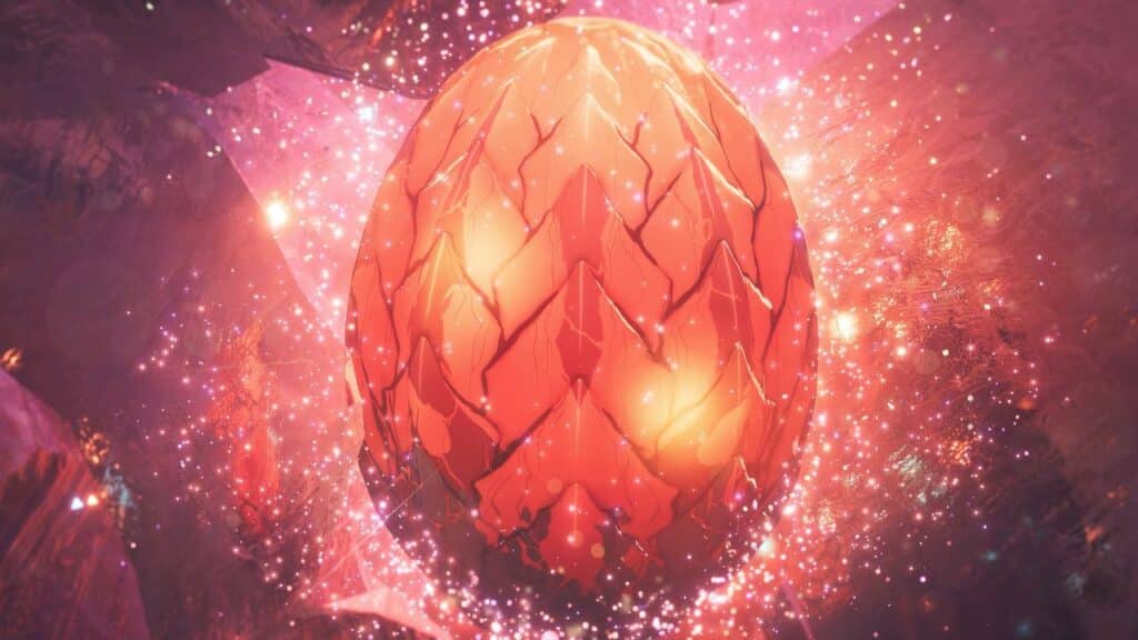 A glowing, orange dragon egg from Monster Hunter Stories 3: Twisted Reflection is surrounded by sparkling, pinkish light and magical energy.