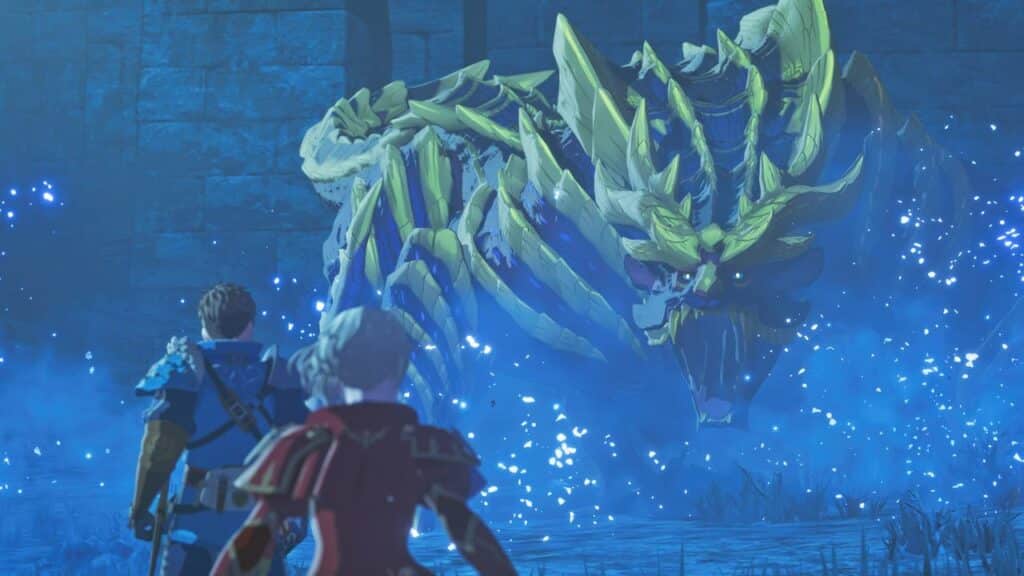Two armored characters face a large, glowing yellow and blue dragon in a mystical, blue-lit setting inspired by Monster Hunter Stories 3: Twisted Reflection.