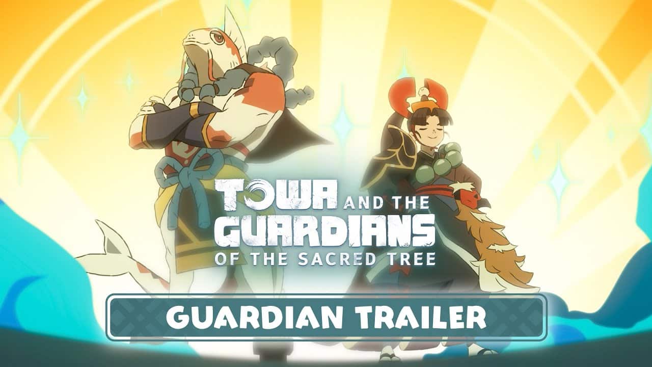 Two animated characters stand back-to-back in glowing light, with text: "Towa and the Guardians - Guardian Trailer.