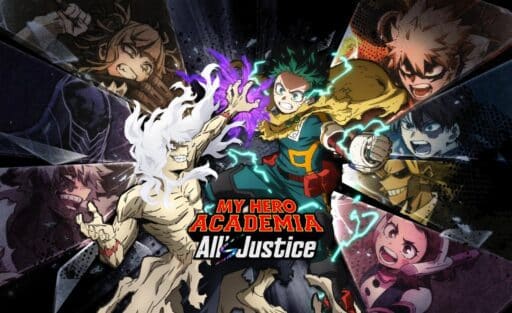 Izuku Midoriya and All For One clash, surrounded by other My Hero Academia characters and the bold text "My Hero Academia All’s Justice.