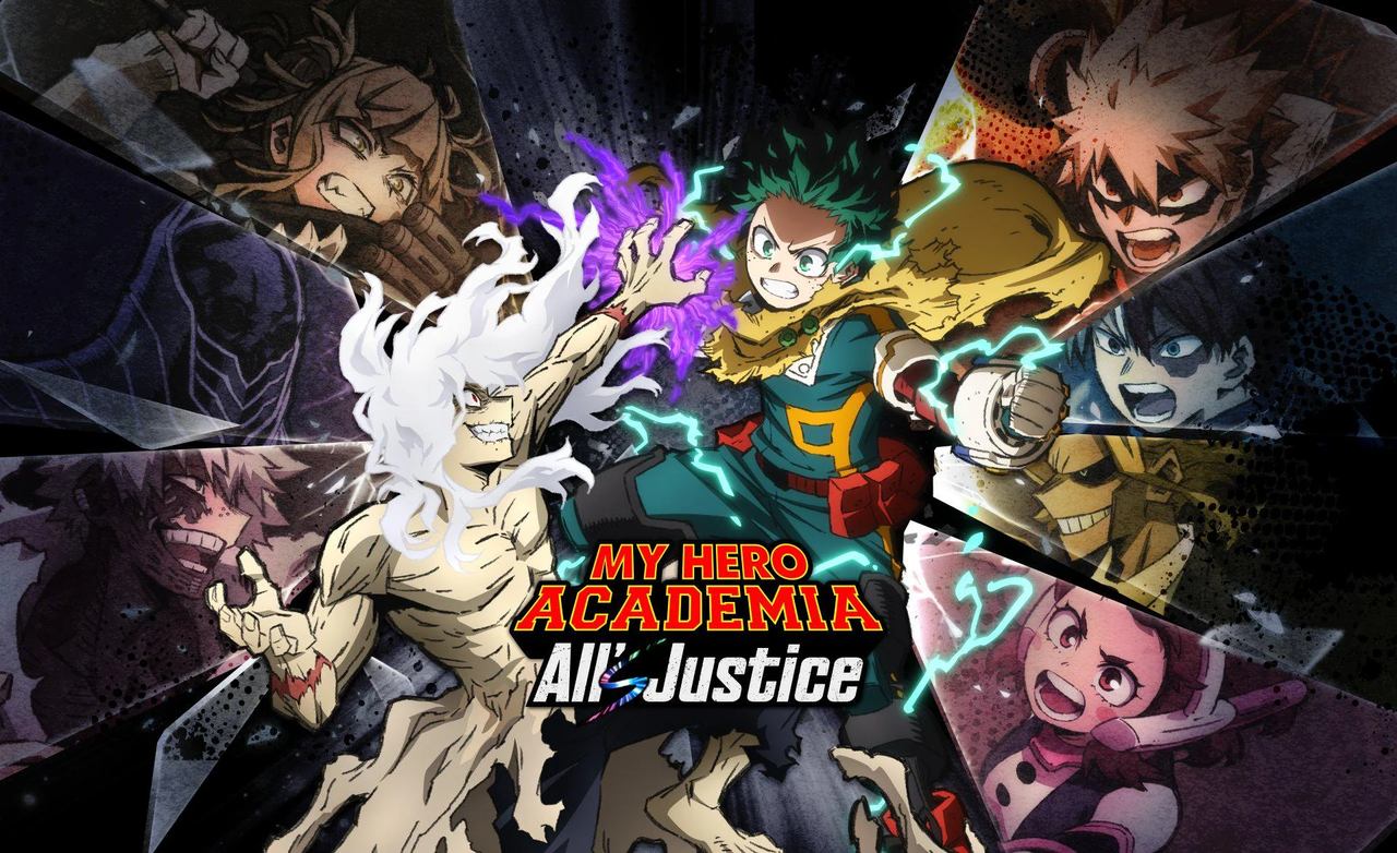 Izuku Midoriya and All For One clash, surrounded by other My Hero Academia characters and the bold text "My Hero Academia All’s Justice.