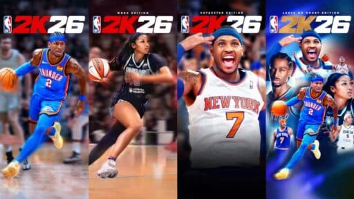 Four vibrant NBA 2K26 game covers showcase basketball players in dynamic action poses across striking split panels.
