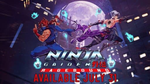 Two ninjas clash mid-air above a neon-lit city. Text reads: "Ninja Gaiden Ragebound. Watch the gameplay trailer now. Available July 31.