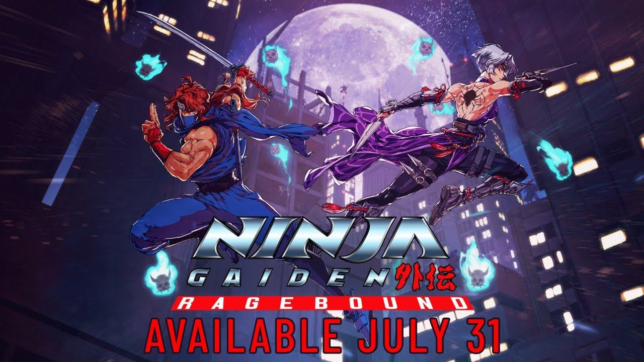 Two ninjas clash mid-air above a neon-lit city. Text reads: "Ninja Gaiden Ragebound. Watch the gameplay trailer now. Available July 31.