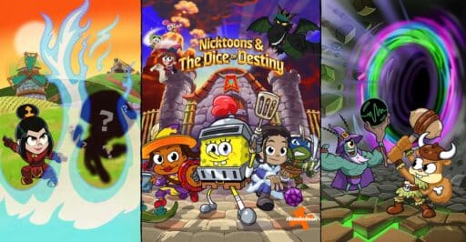 Colorful poster of "Nicktoons and The Dice of Destiny" with cartoon characters in a fantasy adventure setting.