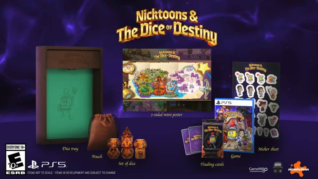 Nicktoons & The Dice of Destiny PS5 game set displayed with poster, dice, pouch, cards, sticker sheet, and dice tray—perfect for fans of Nicktoons & The Dice of Destiny.