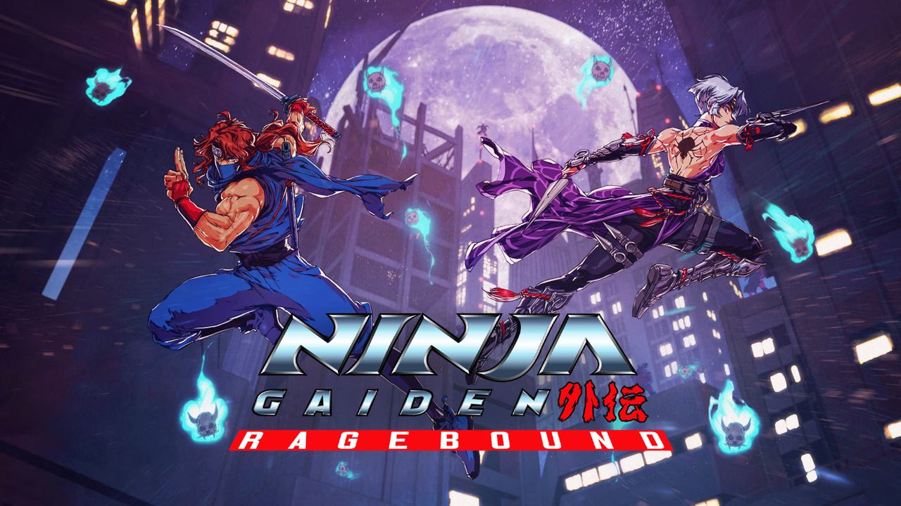 Two ninjas battle mid-air in a city at night, blue flames swirling and a large full moon overhead—an epic clash inspired by Ninja Gaiden: Ragebound.