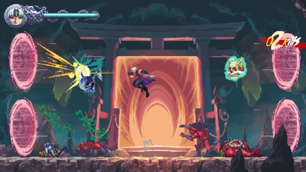 A Ninja Gaiden: Ragebound character battles monsters in a mystical, glowing cave with portals and a shrine in the background.