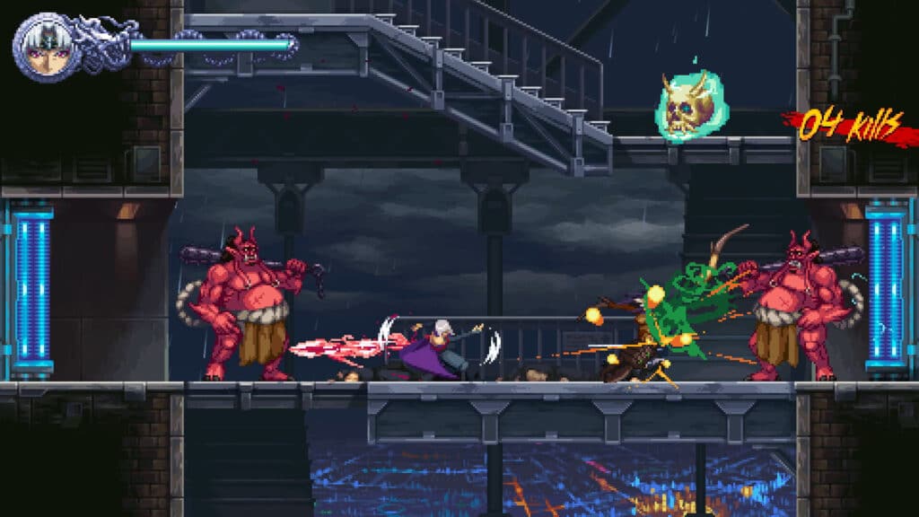 A character battles demons with magic and a whip on a dark platform in this pixel art adventure inspired by Ninja Gaiden: Ragebound.