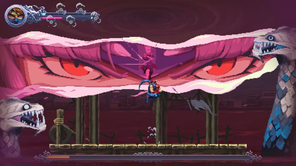 A pixel art character battles a giant pair of red eyes with beasts on each side in a dark, ominous setting inspired by Ninja Gaiden: Ragebound.