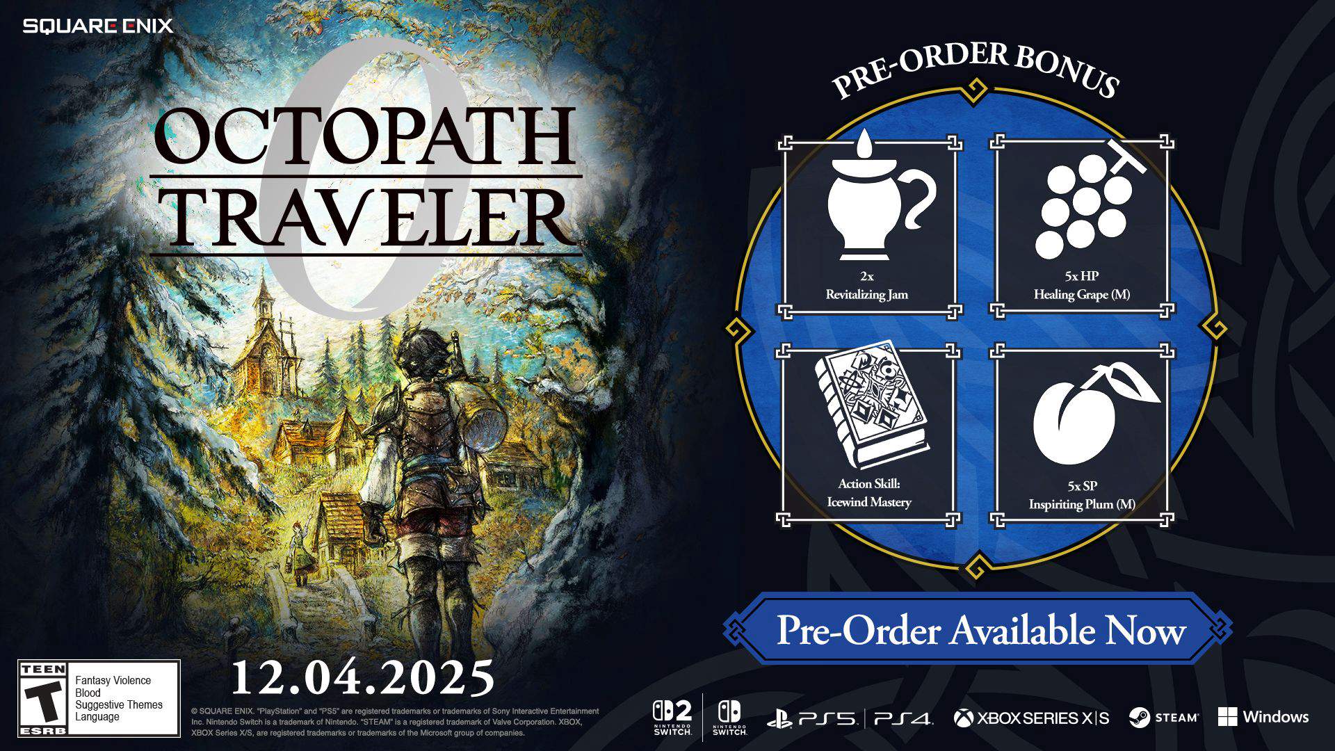 OCTOPATH TRAVELER 0 game cover with preorder bonus icons and a release date of December 4, 2025.