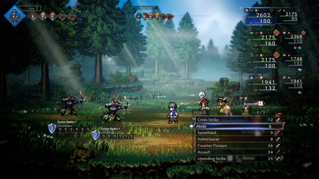 A turn-based RPG battle scene in a forest, inspired by OCTOPATH TRAVELER 0, with character and enemy stats displayed on screen.