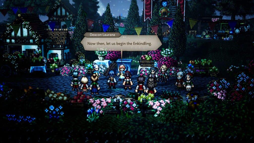 Pixel art characters gather in a village square at night, with the text: "Now then, let us begin the Enkindling." Inspired by OCTOPATH TRAVELER 0.