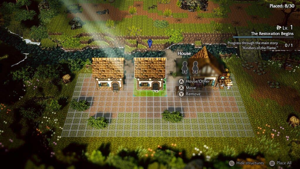 A video game scene inspired by OCTOPATH TRAVELER 0 shows a village grid with three houses, grass, trees, and a river at the top.