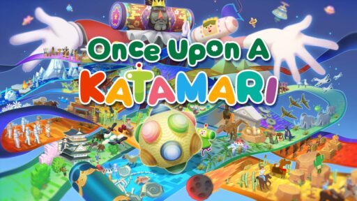 A whimsical “Once Upon a Katamari” scene bursts with vibrant, colorful objects scattered playfully around, capturing the cheerful magic of the beloved game.