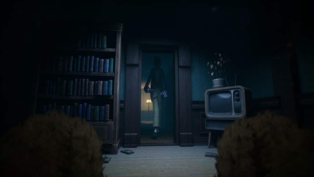 A shadowy tall figure stands in a doorway, partially out of sight; an old TV and bookshelf are visible in the dimly lit room in the video game Out of Sight.