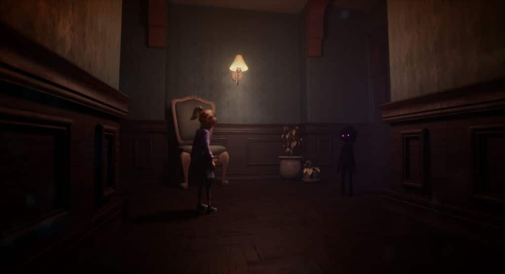 A girl faces a shadowy figure with glowing eyes in a dimly lit hallway in the video game Out of Sight.
