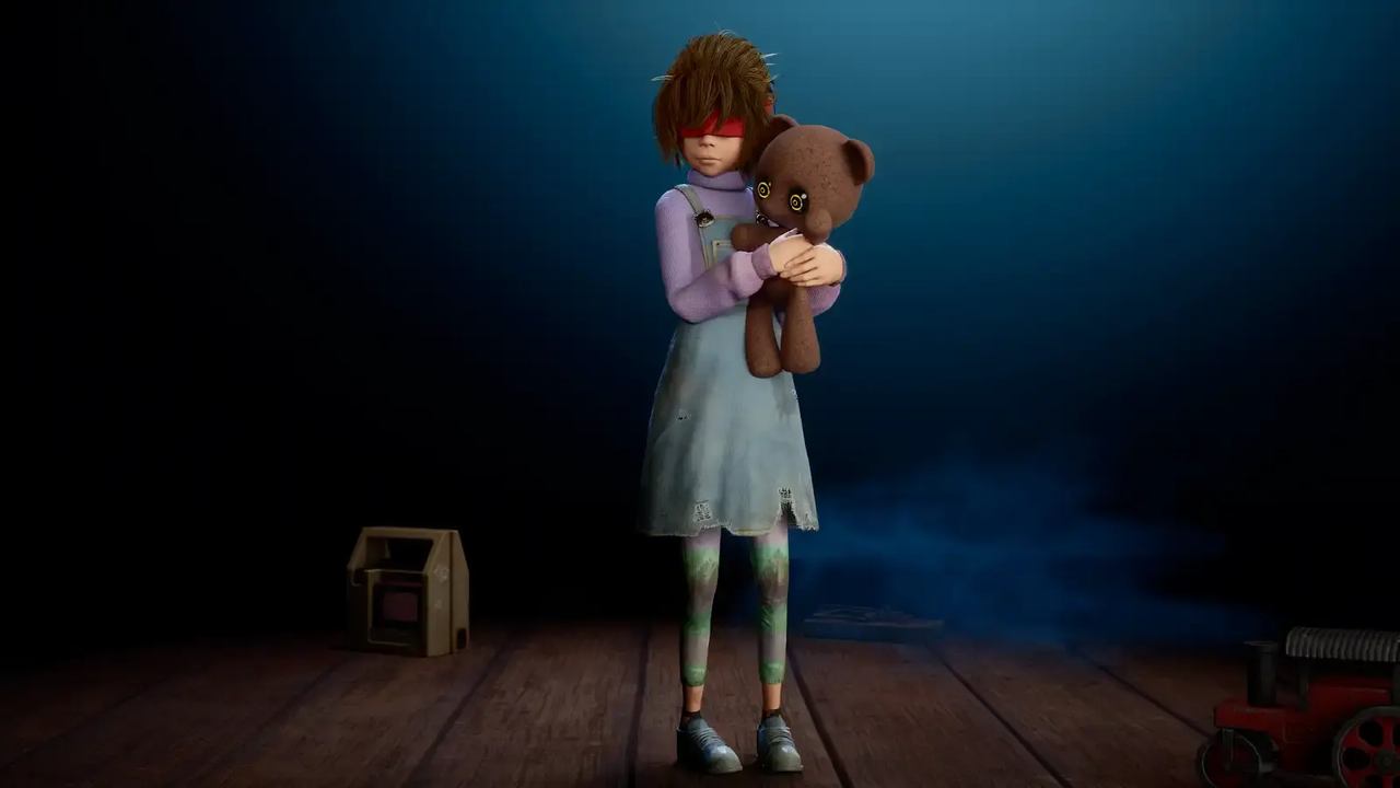 Animated girl with a blindfold, Out of Sight, hugs a teddy bear on a dimly lit wooden floor, toys scattered around.
