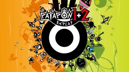 Colorful "Patapon 1+2 Reloaded" game art with black and white tribal figures and a large drum in the center.