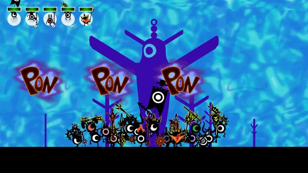 A group of Patapon warriors faces a large purple Boss against a blue patterned background in Patapon 1+2 Replay.
