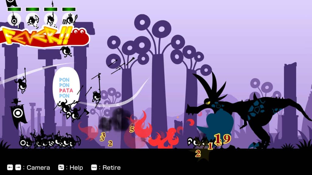 Cartoon warriors from Patapon 1+2 Replay battle a large dragon-like creature in a stylized forest with purple trees and dazzling fire effects.