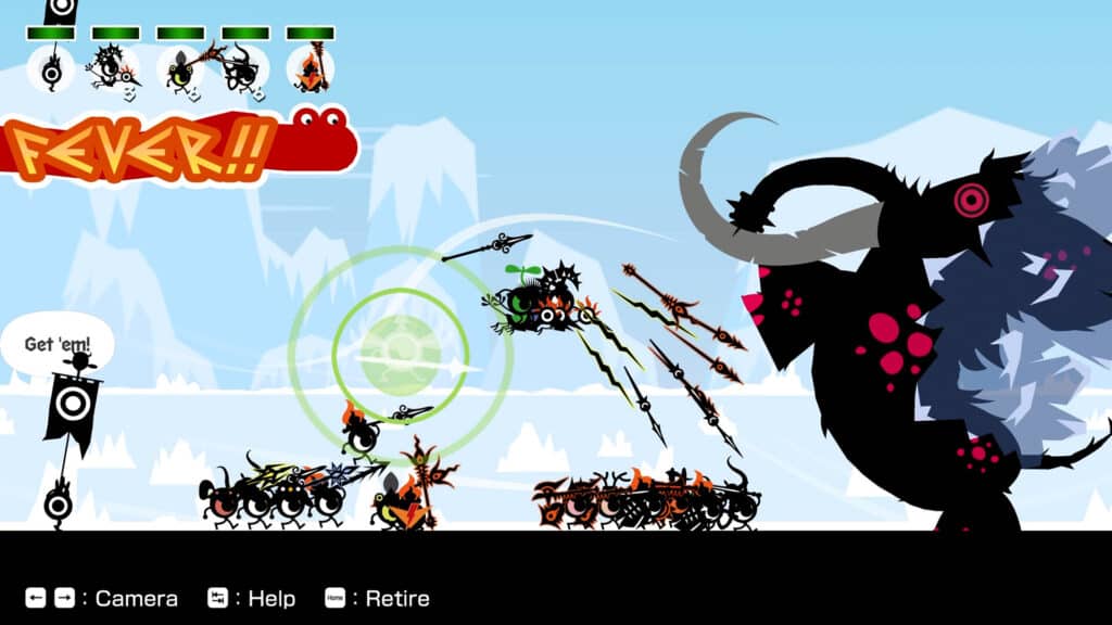 A group of small warriors from Patapon 1+2 Replay battle a large, shadowy monster with horns in a snowy landscape.