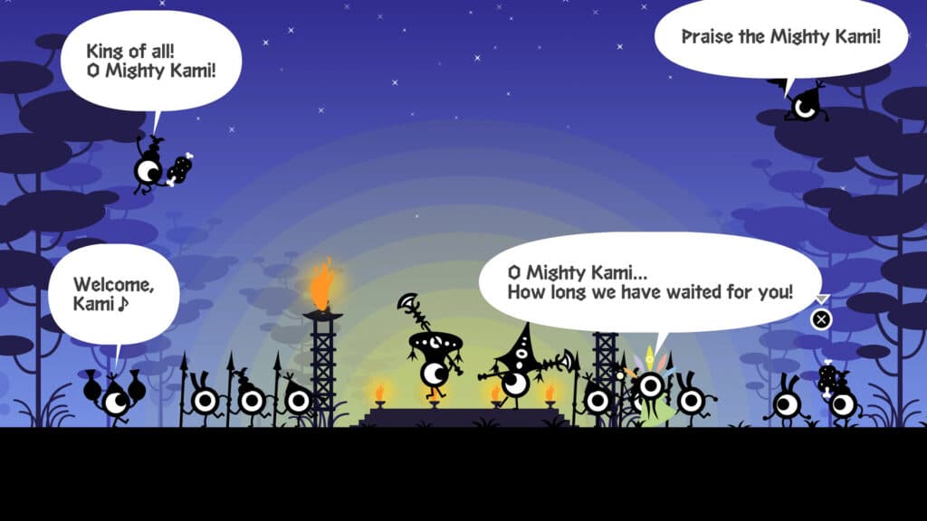 Cartoon creatures with spears welcome a figure on a platform under a starry sky with speech bubbles, evoking the rhythmic charm of Patapon 1+2 Replay.