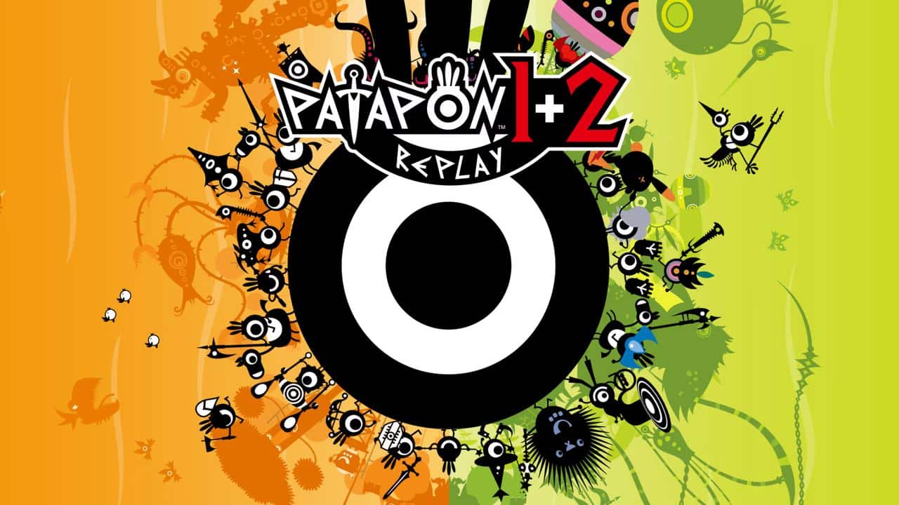 Colorful "Patapon 1+2 Reloaded" game art with black and white tribal figures and a large drum in the center.