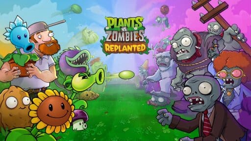 Cartoon plants and zombies face off in a colorful Plants vs. Zombies: Replanted promotional image.