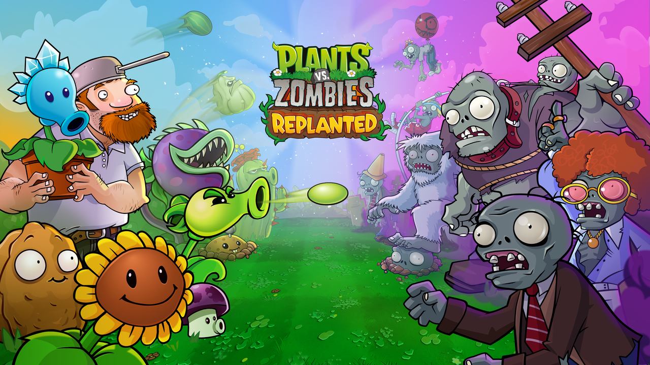 Cartoon plants and zombies face off in a colorful Plants vs. Zombies: Replanted promotional image.