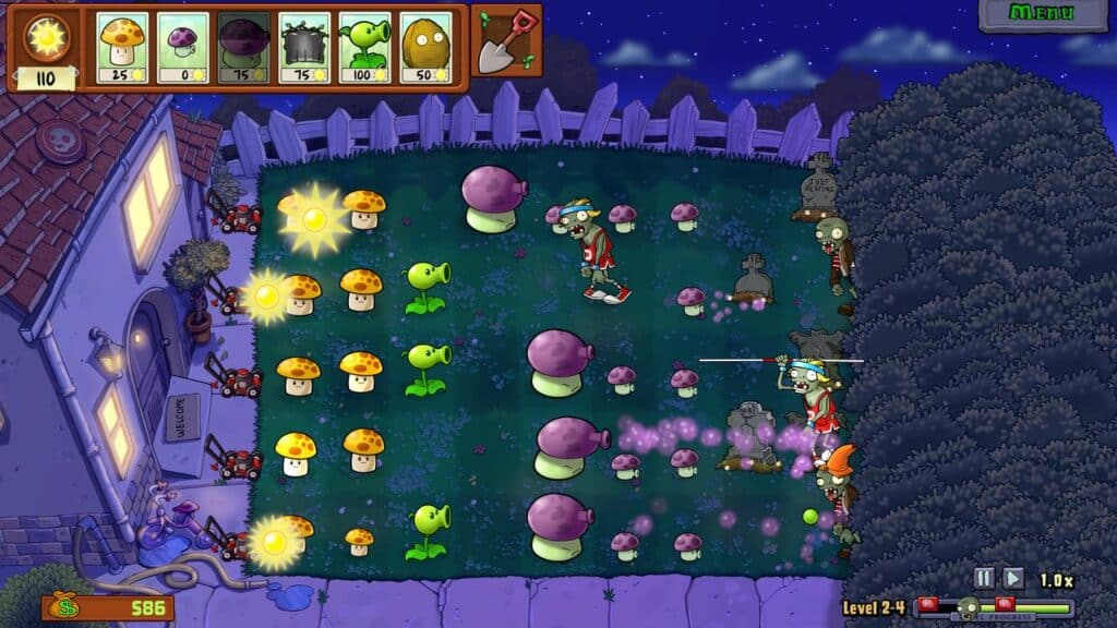 Plants vs. Zombies: Replanted game screen featuring mushrooms and pea shooters defending the yard against zombies at night.