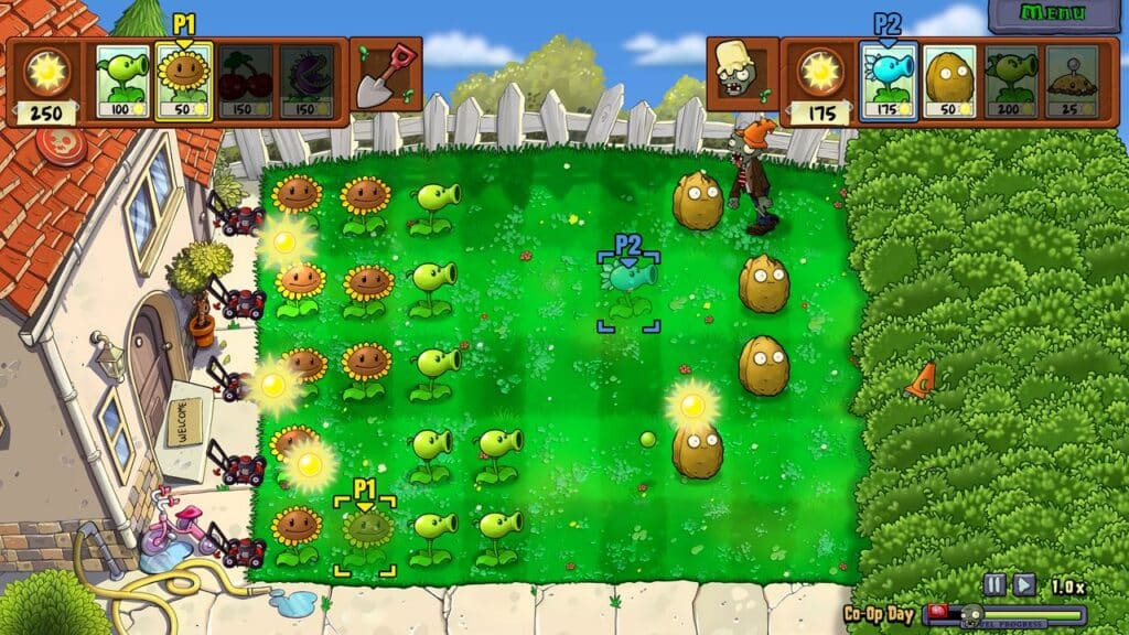 Two players team up in Plants vs. Zombies: Replanted, defending their lawn with clever plant choices against waves of approaching zombies.