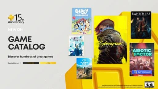 A showcase of new game covers in PlayStation Plus Game Catalog for July 2025, including Cyberpunk 2077 and Bluey.