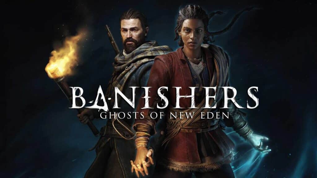 PlayStation Plus Game Catalog for July 2025. Two characters stand back to back, holding a torch and glowing energy, with "Banishers: Ghosts of New Eden" title.