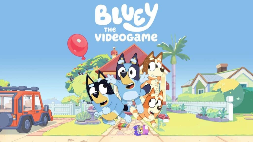 PlayStation Plus Game Catalog for July 2025. Bluey and her family happily run outside their house with the text "Bluey The Videogame" above them.