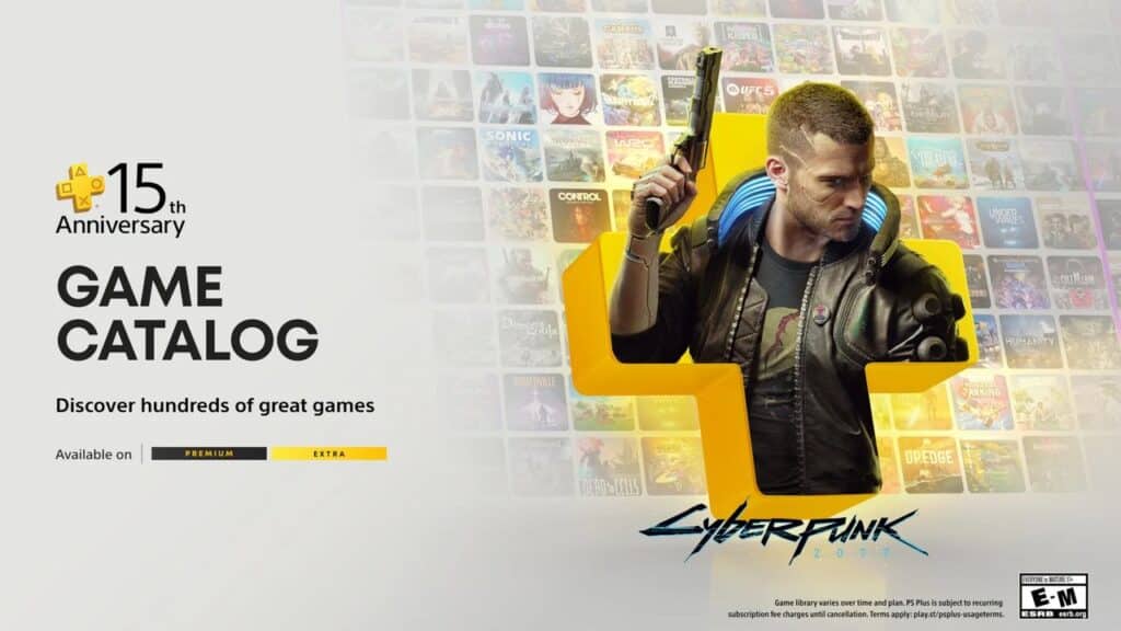 PlayStation Plus Game Catalog for July 2025. PlayStation Plus 15th Anniversary promo with Cyberpunk 2077 art and a collage of game covers in the background.
