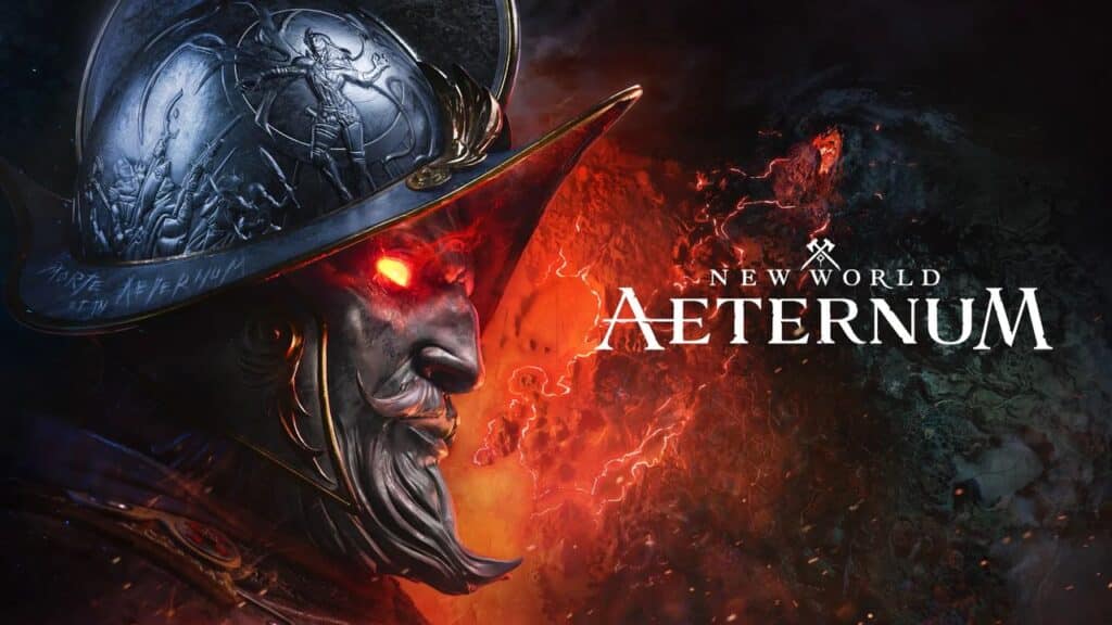 PlayStation Plus Game Catalog for July 2025. Armored warrior with glowing red eyes and helmet, fiery background, text: "New World Aeternum.