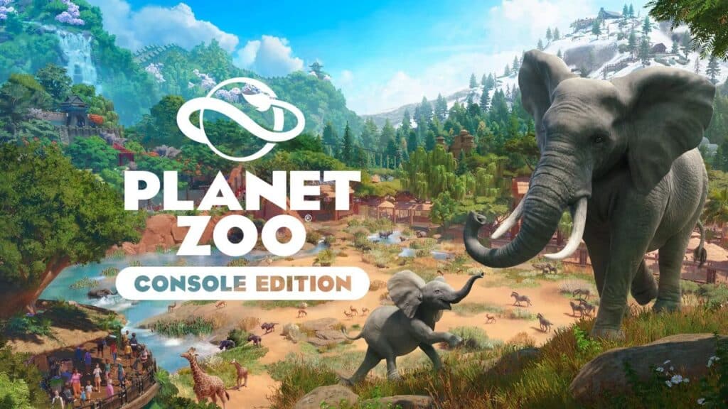 PlayStation Plus Game Catalog for July 2025. Large elephant and calf in a vibrant zoo landscape with "Planet Zoo Console Edition" logo in the foreground.