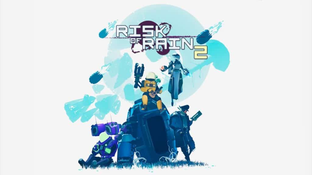 PlayStation Plus Game Catalog for July 2025. Four sci-fi characters pose with weapons under the "Risk of Rain 2" logo in a blue, abstract background.