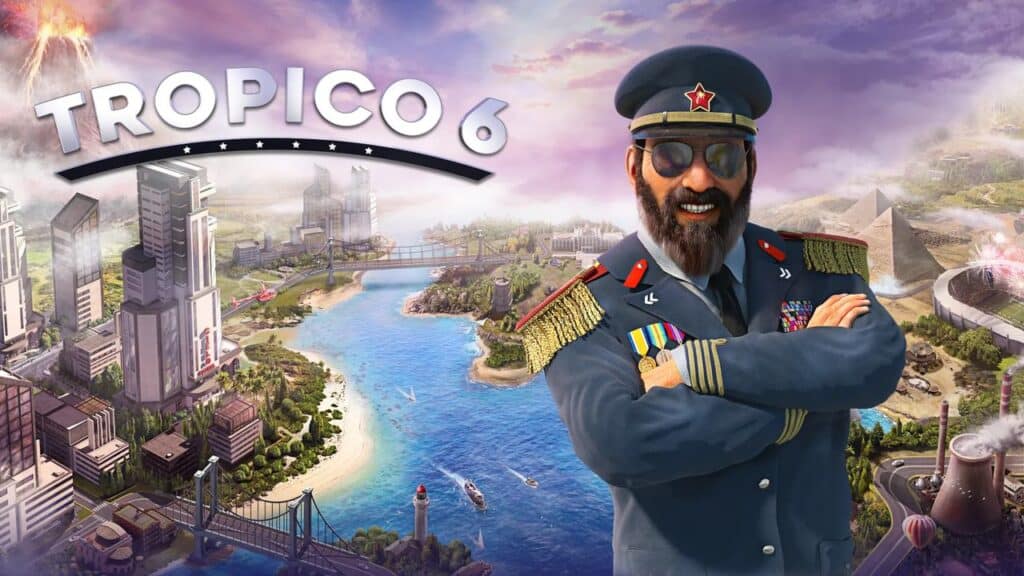PlayStation Plus Game Catalog for July 2025. A smiling, uniformed man stands with arms crossed in front of a tropical city; text reads "Tropico 6.
