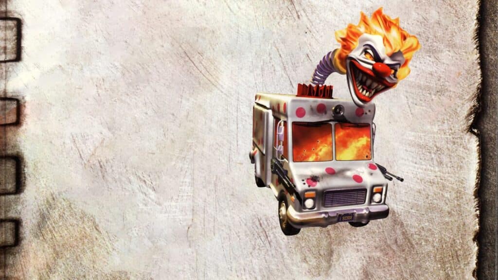 PlayStation Plus Game Catalog for July 2025. A menacing ice cream truck with a giant clown head springing from its roof, set against a grungy background.