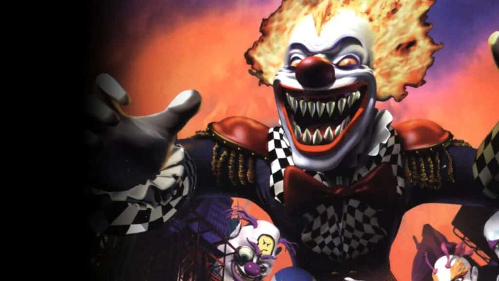 PlayStation Plus Game Catalog for July 2025. A menacing clown with sharp teeth, fiery hair, and outstretched hands, set against an eerie background.